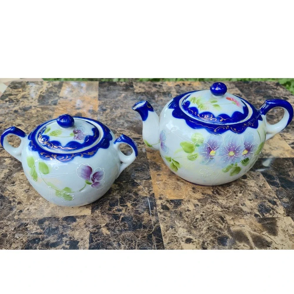 Vintage Made in Japan Hand Painted‎ Floral Tea Pot and Sugar Bowl Cobalt  gold